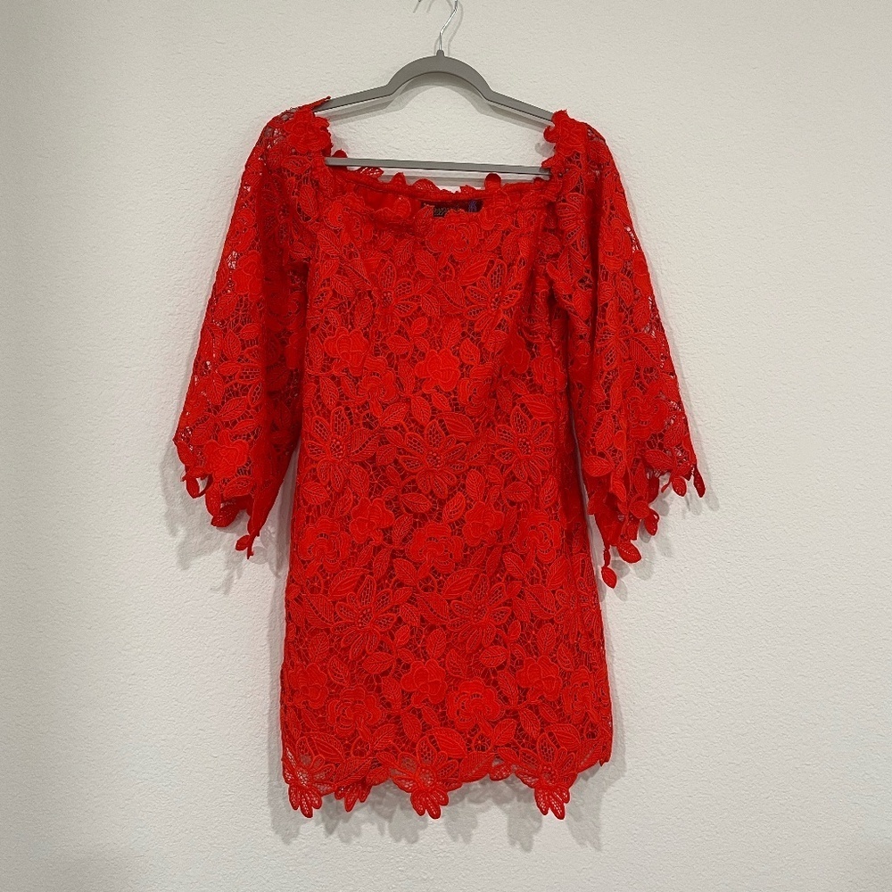 NWT FREE PEOPLE | Dusk Off The Shoulder Lace Dress in Fiesta Red | Size 8 - Picture 3 of 11